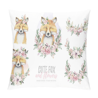 Personality  Watercolor Forest Cartoon Isolated Cute Baby Fox, Animal With Flowers.  Pillow Covers