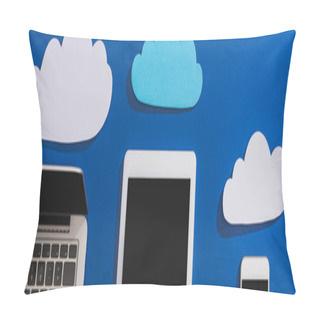 Personality  Top View Of Empty Paper Clouds Near Laptop, Smartphone And Digital Tablet With Blank Screen Isolated On Blue, Panoramic Shot Pillow Covers