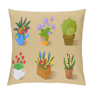 Personality  Garden Flowers In Different Containers: A Teapot, A Box, A Bucket, A Watering Can, A Pot, A Vase. Vector Illustration Of A Cartoon Style. Pillow Covers