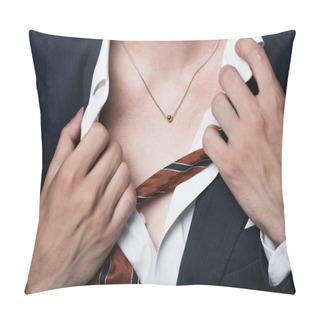 Personality  Cropped View Of Transgender Man Adjusting Shirt And Showing Silver Necklace Pillow Covers