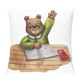 Personality  Watercolor Illustration Of Cute Bear. Pupil Character. Elementary School Illustration. Cartoon Style. School Children. Drawing Book Illustration. Little Clever Boy At The Desk. Wooden School Table. Pillow Covers