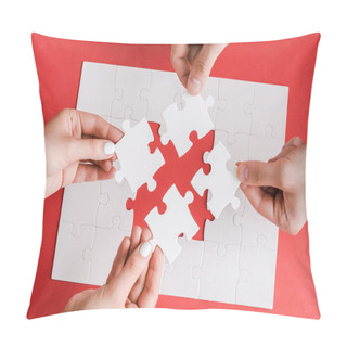 Personality  Top View Of Man And Woman Holding White Puzzle Pieces On White  Pillow Covers