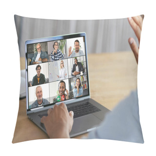Personality  Online Meeting, Group Brainstorming Concept. Successful Man Waving His Hand At The Laptop Computer Screen, Greeting Employees During An Video Conference Pillow Covers