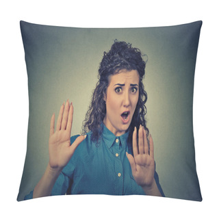 Personality  Annoyed Angry Woman With Bad Attitude Gesturing With Palms Outward Screaming To Stop Pillow Covers