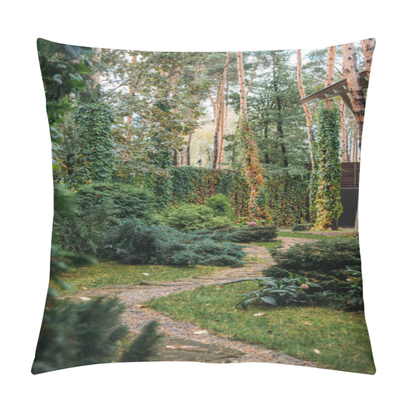 Personality  pathway between bushes and cottage house pillow covers