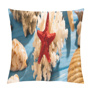 Personality  Seashells, Starfish And Coral On Wooden Blue Background, Panoramic Shot Pillow Covers