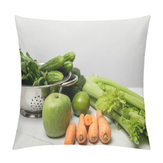 Personality  Sweet Carrots Near Ripe Apple And Green Vegetables On Grey  Pillow Covers