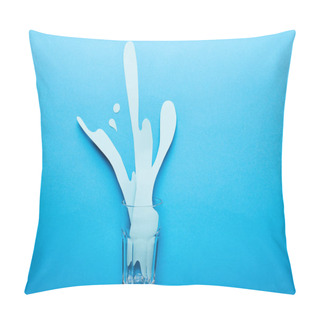 Personality  Top View Of Glass With Paper Cut Water Splash On Blue Background Pillow Covers