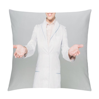 Personality  Partial View Of Mixed Race Doctor Showing Welcome Gesture Isolated On Grey Pillow Covers