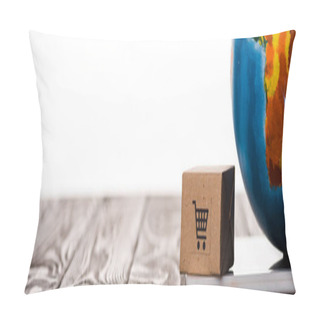Personality  Panoramic Shot Of Toy Box And Globe On Digital Tablet Isolated On White, E-commerce Concept Pillow Covers