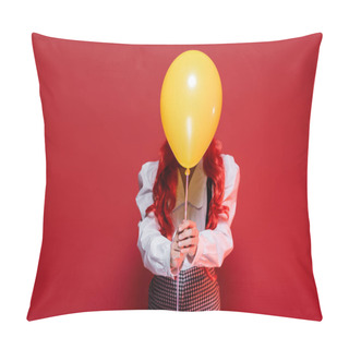 Personality  Young Woman With Colored Hair Obscuring Face With Yellow Balloon On Halloween Party Isolated On Red Pillow Covers