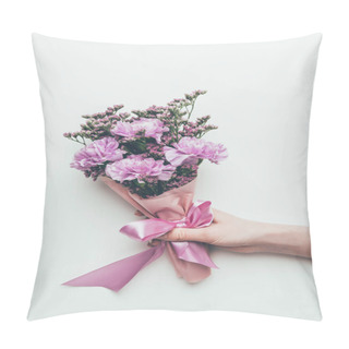 Personality  Cropped Shot Of Person Holding Beautiful Elegant Bouquet Of Tender Purple Flowers With Ribbon Isolated On Grey Pillow Covers