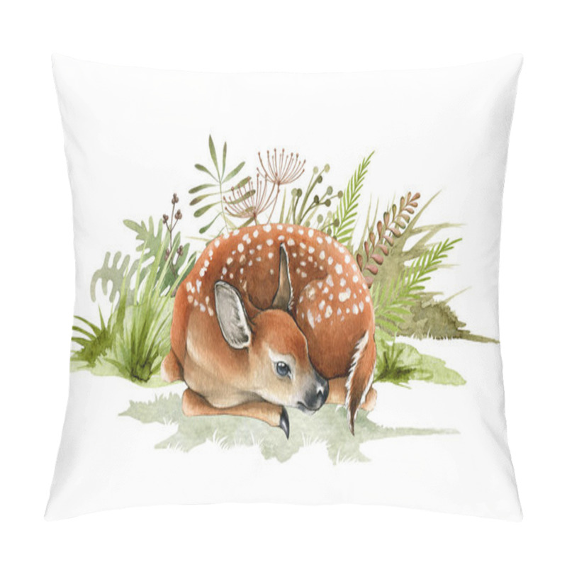 Personality  Forest Deer Cub In The Grass. Beautiful Fawn Hand Drawn Watercolor Image. Sleeping Bambi Illustration. Wild Young Deer Animal With White Back Spots In The Wild Herbs. Cute Fawn On White Background Pillow Covers