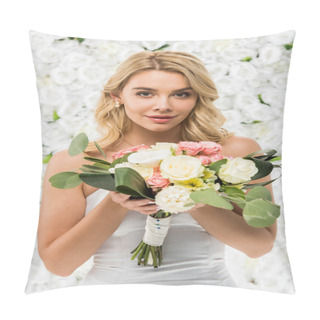 Personality  Beautiful Young Woman Holding Wedding Bouquet And Looking At Camera On White Floral Background Pillow Covers