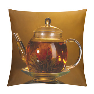 Personality  Glass Teapot With Exotic Green Tea On Wooden Table On Brown Background Pillow Covers