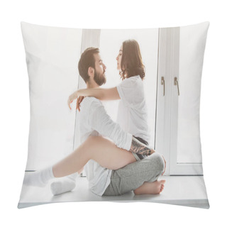 Personality  Beautiful Young Couple Looking At Each Other, Hugging And Sitting On Window Sill At Home Pillow Covers