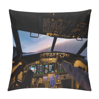 Personality  Cropped View Of Professionals Piloting Airplane In Evening  Pillow Covers
