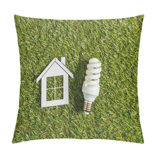 Personality  Top View Of Fluorescent Lamp Near Paper House On Green Grass, Energy Efficiency At Home Concept Pillow Covers