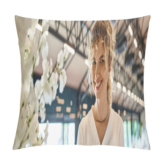 Personality  Happy Blonde Woman Smiling Near White Floral Composition In Event Hall, Florist At Work, Banner Pillow Covers