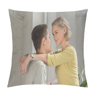 Personality  Happy Couple Hugging And Looking At Each Other At Home Pillow Covers