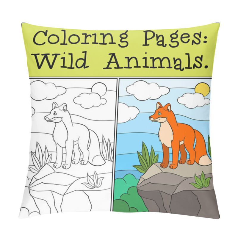 Personality  Coloring Pages: Wild animals. Little cute fox stands on the top of the rock and smiles. pillow covers