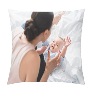 Personality  Overhead View Of Mother In Denim Jeans Sitting On Bed Near Cute Infant Son  Pillow Covers