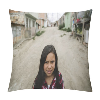 Personality  Portrait Of Cute Girl In Shanty Town. Pillow Covers
