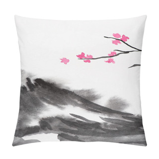 Personality  Japanese Painting With Grey Hill And Sakura Branches On White  Pillow Covers