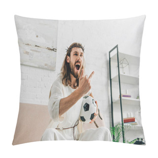 Personality  Angry Jesus In Crown Of Thorns Showing Middle Finger During Watching Of Soccer Match At Home Pillow Covers