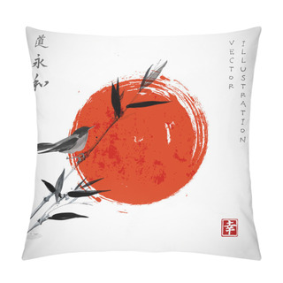 Personality  Card With Bamboo, Bird And Red Sun Pillow Covers