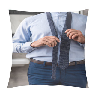 Personality  Cropped Image Of Businessman Tying Necktie In Bathroom  Pillow Covers