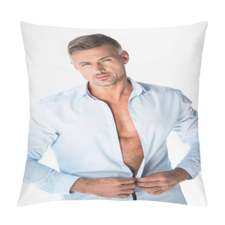 Personality  Handsome Macho Buttoning Shirt And Looking At Camera Isolated On White Pillow Covers