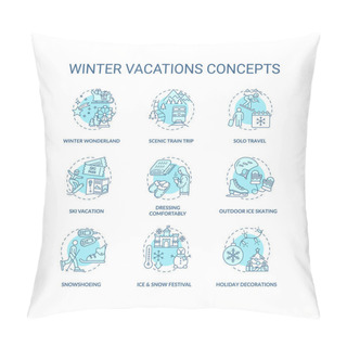 Personality  Winter Vacations Concept Icons Set. Holiday Pastime Idea Thin Line RGB Color Illustrations. Solo Travel. Snowshoeing. Scenic Train Trip. Vector Isolated Outline Drawings. Editable Stroke Pillow Covers