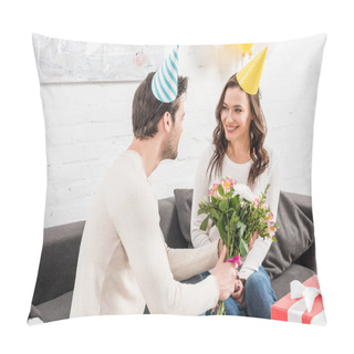 Personality  Man In Party Hat Presenting Birthday Flowers To Smiling Woman In Living Room Pillow Covers