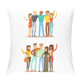 Personality  Young Friends From All Around The World And Happy International Friendship Vector Cartoon Illustration Pillow Covers