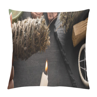 Personality  Cropped View Of Shaman Holding Smudge Stick And Candle Near Witchcraft On Black Wooden Surface, Panoramic Shot  Pillow Covers