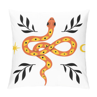Personality  Esoteric Concept Illustration. Flat Mystic Plants, Magic Snake And Doodles. Boho Abstract Tatoo, Card, Poster With Witch Symbols. Hand Drawn Template For Card, T-shirt Print. Black, Yellow And Orange Pillow Covers