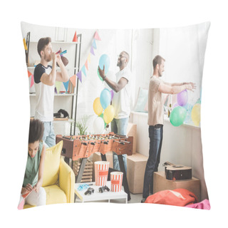Personality  African American Sitting On Sofa With Party Garlands And Young Men With Party Horns And Balloons Pillow Covers