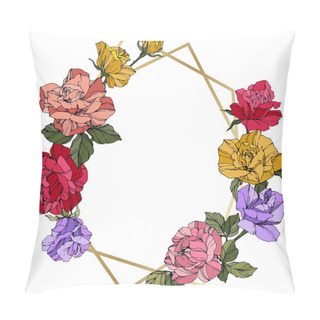 Personality  Vector Roses. Floral Botanical Flowers. Red, Pink And Yellow Engraved Ink Art. Frame Golden Crystal. Geometric Polygon Crystal Shape. Pillow Covers