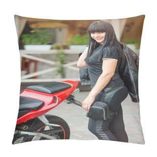 Personality  Freedom And Joy. Colorful Portrait Of A Young Woman With A Red Motorcycle.  Pillow Covers