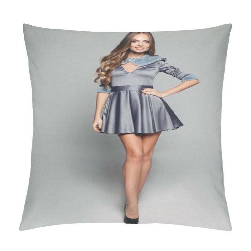 Personality  Happy model in fashionable grey dress with fur collar and sleeves. pillow covers