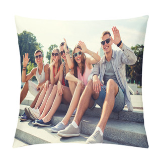 Personality  Group Of Smiling Friends Sitting On City Street Pillow Covers