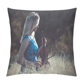 Personality  Portrait Of A Young Fabulously Beautiful Girl In A Dress With A Violin Sitting In Dry Grass On Meadoe At The Dawn, Woman Playing A Musical Instrument With Inspiration Relaxing On Nature Pillow Covers