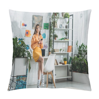 Personality  Stylish Grl Using Smartphone In Spacious Room Decorated With Green Plants And Colorful Paintings On Wall Pillow Covers