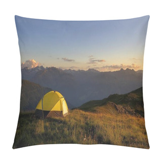 Personality  Tent In Front Of A Mountain Range In The Last Daylight, Gaschurn, Montafon, Vorarlberg, Austria, Europe Pillow Covers