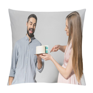 Personality  Excited And Bearded Man Holding Cake Near Cheerful Pregnant Wife With Knife During Baby Shower Party On Grey Background, Expecting Parents Concept, Gender Party, It`s A Boy Pillow Covers