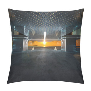 Personality  Closeup And Perspective View Of Empty Cement Floor With Modern Steel And Glass Building Exterior . 3D Rendering And Real Images Mixed Media . Pillow Covers
