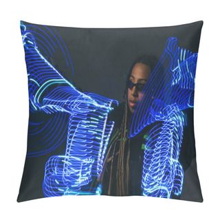 Personality  African American Woman In Smart Glasses Looking Away Near Neon Lights On Grey Background  Pillow Covers