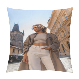 Personality  Low Angle View Of African American Woman Posing Near Old Town Hall Tower In Prague Pillow Covers
