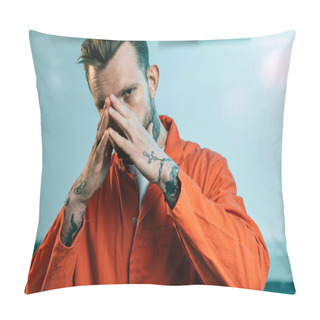 Personality  Prisoner With Tattoos Covering Face With Hands And Looking At Camera Pillow Covers